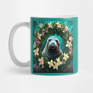 Cartoon Art Of Hawaiian Monk Seal With Plumeria Mug